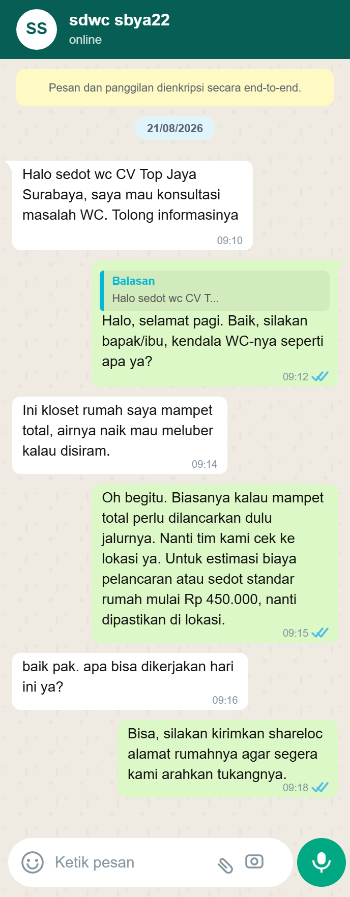 Testimoni WhatsApp Sedot WC Surabaya 1