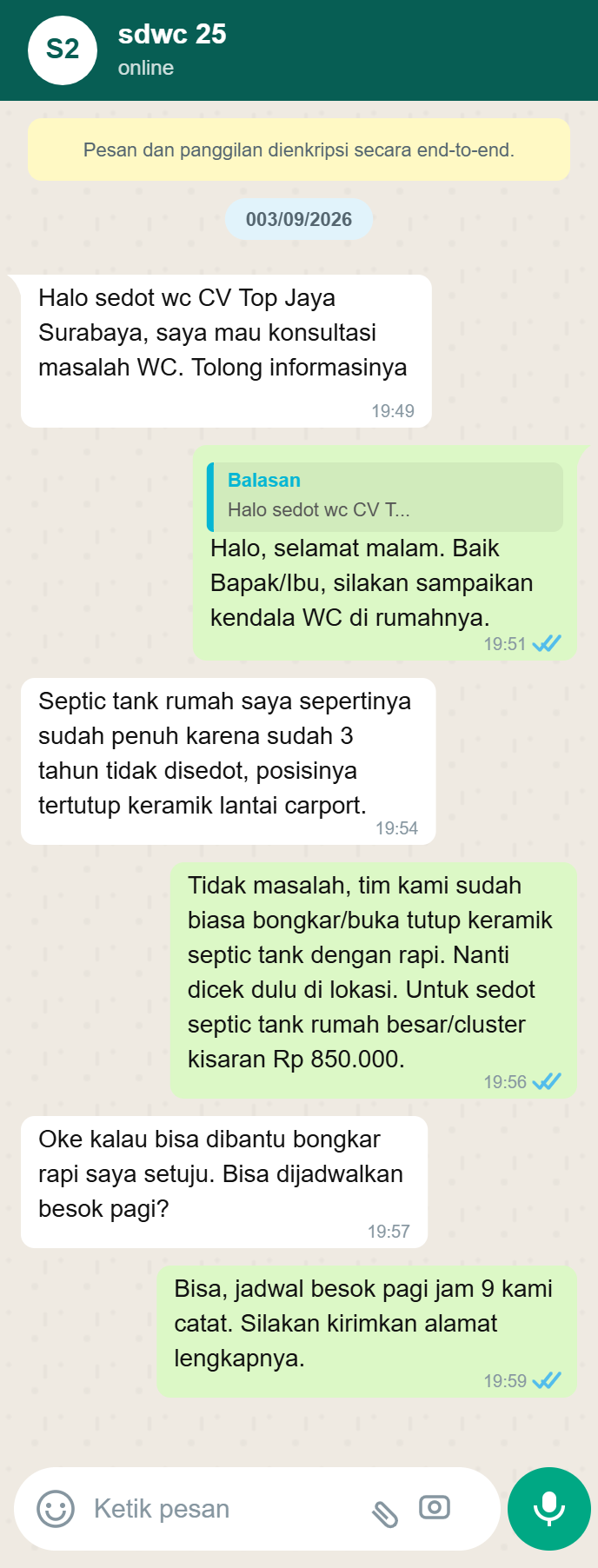 Testimoni WhatsApp Sedot WC Surabaya 2