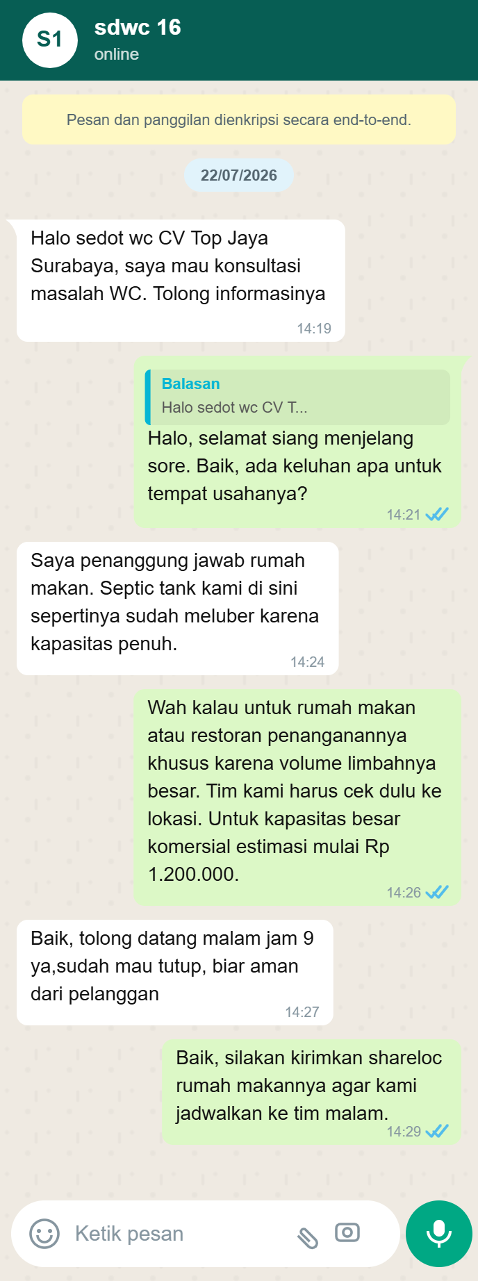 Testimoni WhatsApp Sedot WC Surabaya 4