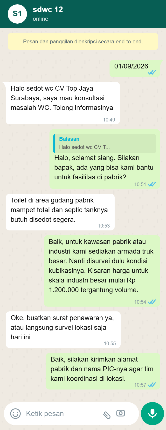 Testimoni WhatsApp Sedot WC Surabaya 5